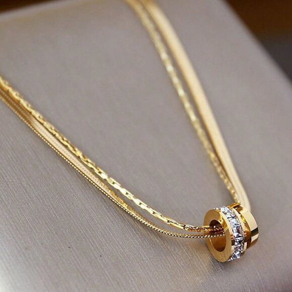 Silver Casual Women's Stainless Steel Round Cz Inlaid Double Layer Necklace - Picture 11 of 14